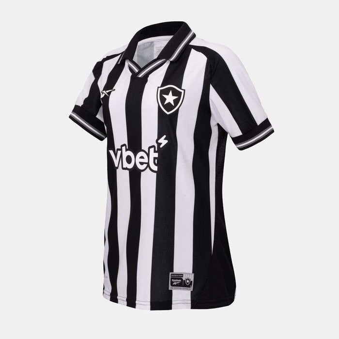 The Botafogo Women's Home Jersey by Reebok features black and white vertical stripes, a collar, club badge, and sponsor logos on the front—official 25/26 football shirt shown on a plain white background.