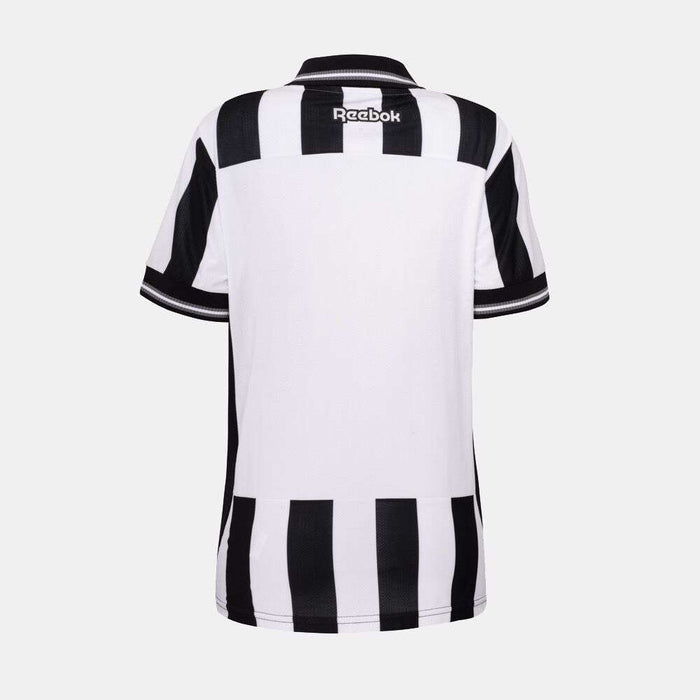 The Botafogo Women's Home Jersey by Reebok features black and white stripes, short sleeves, and a back view with the Reebok logo below the collar.