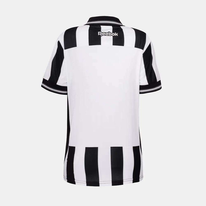The Botafogo Women's Home Jersey by Reebok features black and white stripes, a collar, short sleeves, and the Reebok logo at the top center back—a classic look inspired by Botafogo’s home kit.