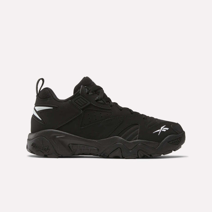 The Reebok Brutus Low Shoes feature a black mesh and synthetic upper, chunky sole, and white Reebok logos on the side and toe—delivering bold street style in a sleek side profile view against a white background.