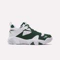 The Brutus Low Shoes by Reebok are athletic sneakers in Heritage Green and White, featuring mesh and leather panels, a chunky sole, and the Reebok logo on the heel and toe. Inspired by 90s style, these shoes offer a lightweight EVA midsole for added comfort. Shown in side profile on a plain white background.