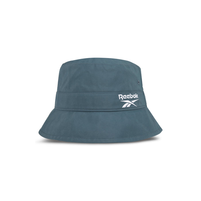A teal Reebok Bucket Hat made from recycled nylon features a wide brim and white embroidered logo on the front. Part of the [REE]CYCLED Collection, it’s shown on a white background.