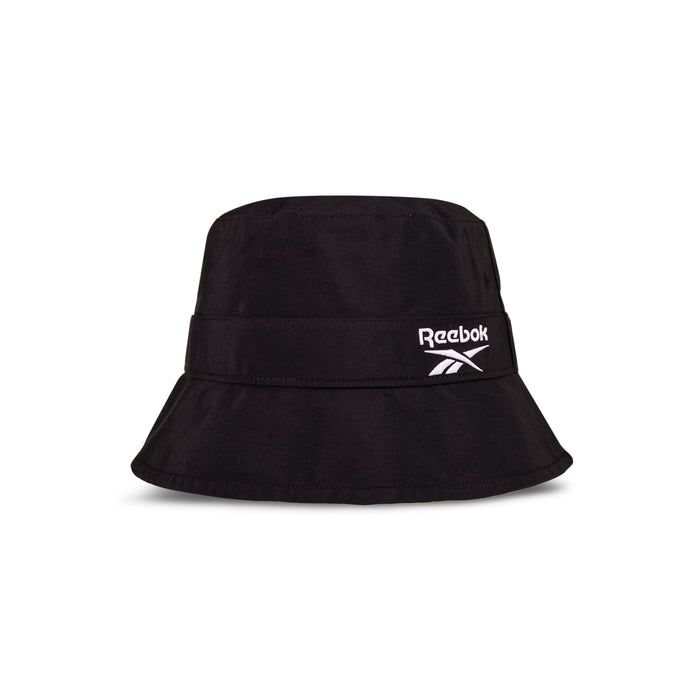 The Reebok Bucket Hat features a wide brim and an embroidered white Reebok logo on the front. Displayed against a plain white background.