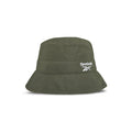 The Reebok Bucket Hat in olive green, crafted from recycled nylon, features a wide brim and white logo for standout streetwear style. Shown against a plain white background.
