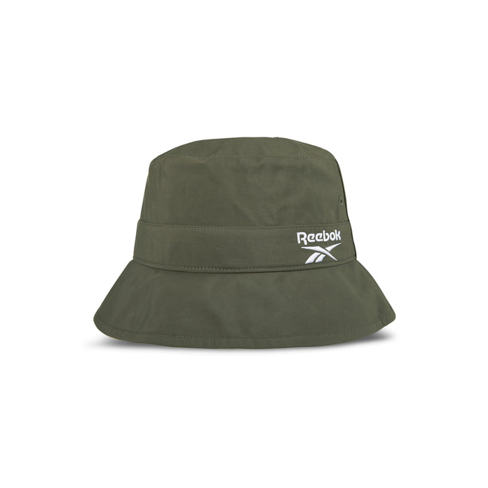 The Reebok Bucket Hat in olive green, crafted from recycled nylon, features a wide brim and white logo for standout streetwear style. Shown against a plain white background.
