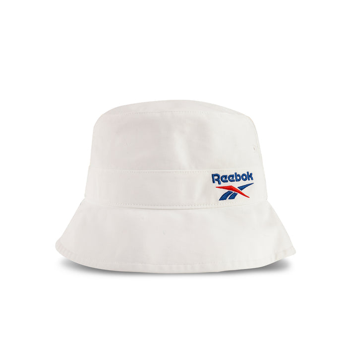 The Reebok Bucket Hat is crafted from recycled nylon and showcases the iconic logo embroidered in blue, red, and black on the front—an ideal accessory to elevate your streetwear style. Shown on a plain white background.