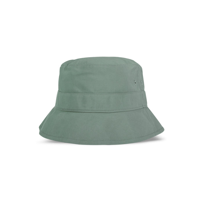 A light green Reebok Bucket Hat featuring a wide, downward-sloping brim and stitched details, made from recycled nylon, shown against a white background.