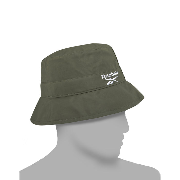A mannequin wears a Reebok Bucket Hat in olive green, made from recycled nylon with a white embroidered logo on the front. The plain white background highlights this eco-friendly streetwear accessory.