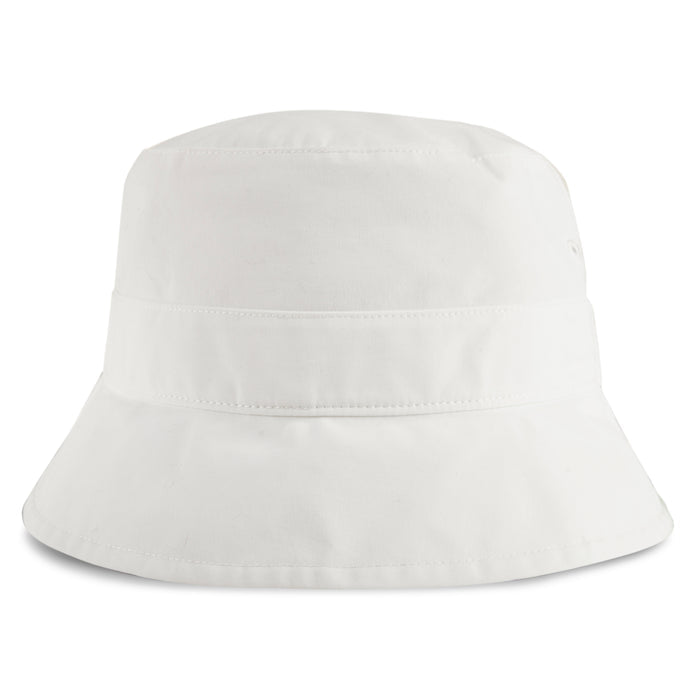 The Reebok Bucket Hat is a plain white cotton hat with a wide, downward-sloping brim and streetwear style, shown against a white background.