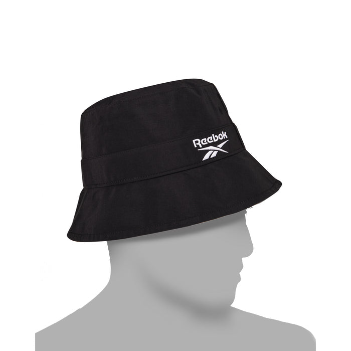 A Reebok Bucket Hat in black with a white logo is displayed on a gray, featureless mannequin head in profile against a plain white background.