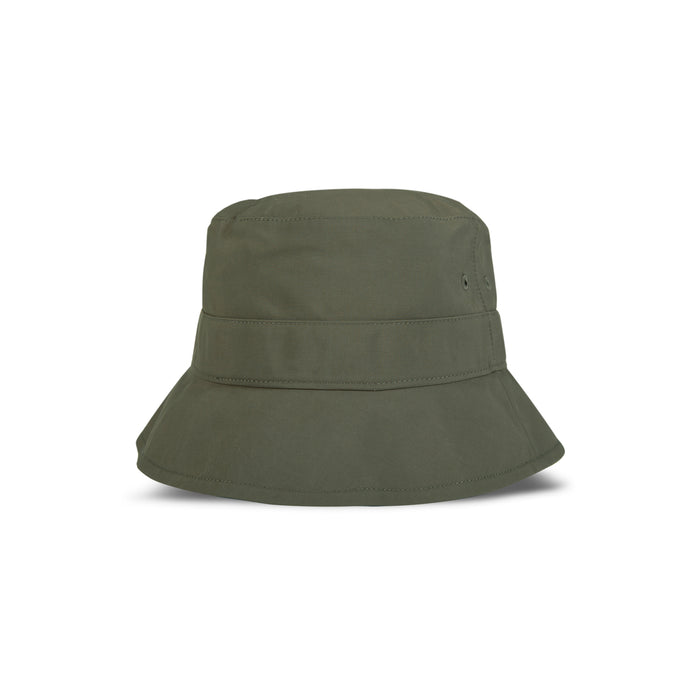 Olive green Reebok Bucket Hat featuring a wide brim and visible stitching, made from recycled nylon. A must-have streetwear accessory by Reebok, shown against a white background.