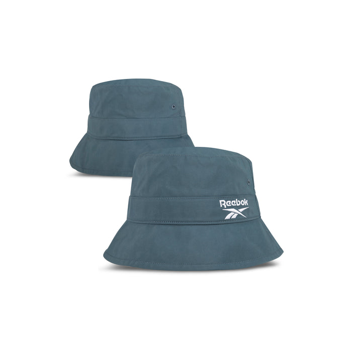 Two teal Reebok Bucket Hats are pictured on a white background, one showing the white Reebok logo on the front and the other the back. Both are made with recycled nylon as part of the [REE]CYCLED Collection.