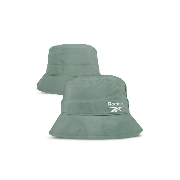 Two green Reebok Bucket Hats are shown on a white background—one displays the front with a white logo, while the other shows the back, highlighting Reebok’s eco-friendly style.