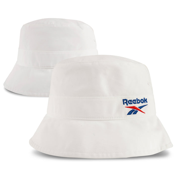 Two white Reebok Bucket Hats are shown on a white background: one displays the front with the Reebok logo in blue, red, and navy, and the other shows the plain back. Both are eco-friendly streetwear from Reebok.