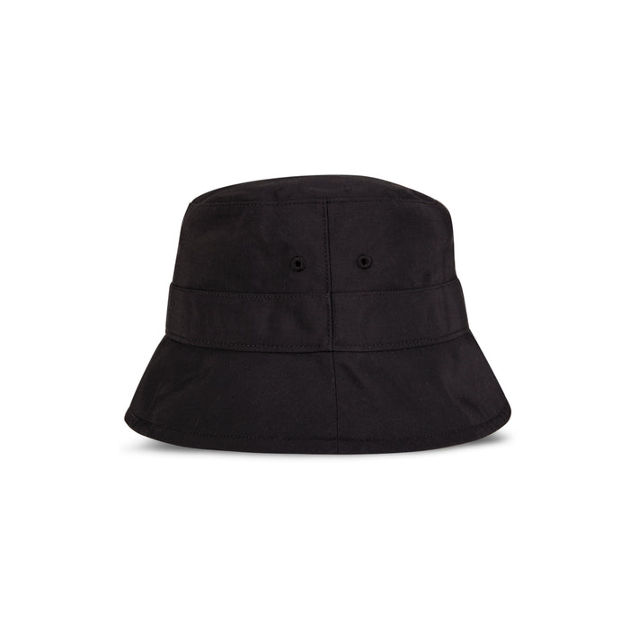 The Reebok Bucket Hat is plain black with a wide, downward-sloping brim and two side ventilation eyelets, shown on a white background.