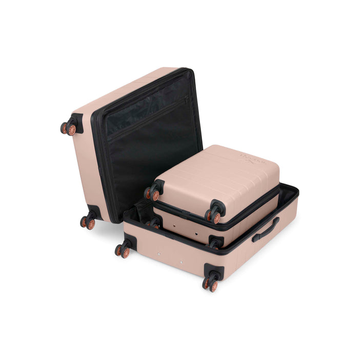 Two beige hard-shell suitcases with black trim, both open to show black interiors. The smaller suitcase fits inside the larger one, and both have four wheels and side handles.