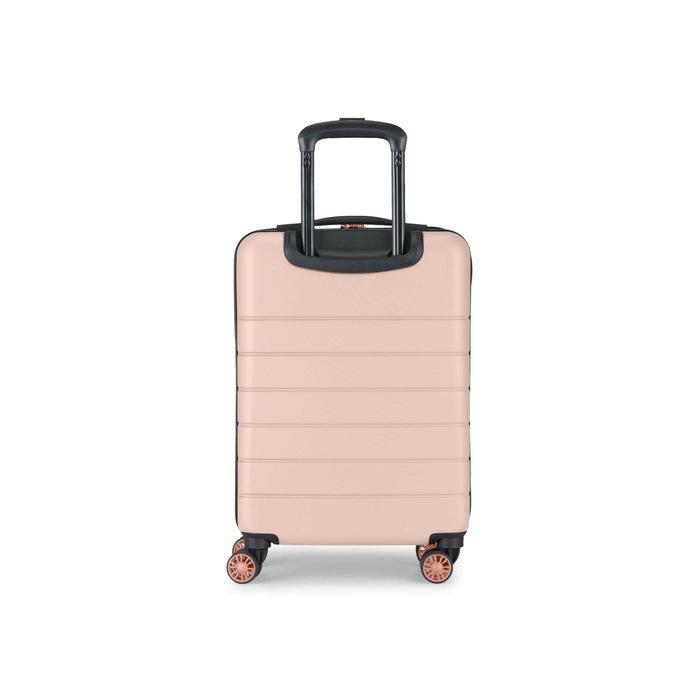 A light pink hard-shell suitcase with four wheels and a black telescoping handle, pictured against a white background.