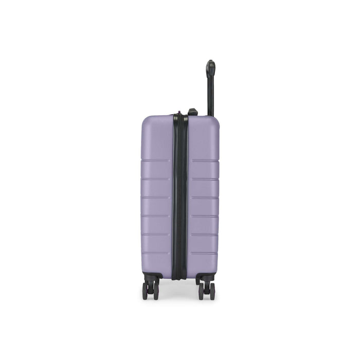 The Reebok Captain 2 Piece Luggage Set features a lavender hard-shell case with four spinner wheels, a black zipper, and an extendable handle—perfect for travelers seeking durable and stylish luggage.