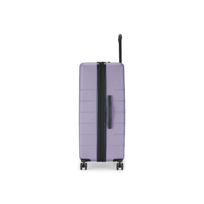 The Reebok Captain 2 Piece Luggage Set features a purple hard-shell suitcase with black trim, four spinner wheels, and an extended handle—ideal for those seeking durable travel gear.