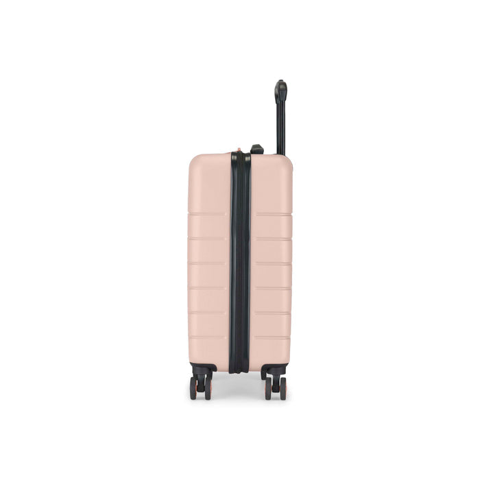 A closed, light pink hard-shell suitcase with four wheels and an extended black handle, photographed against a plain white background.
