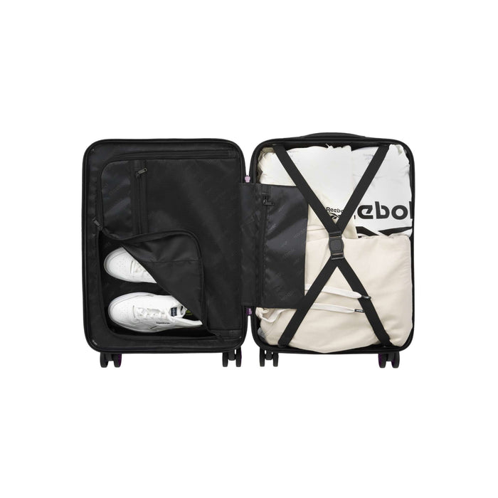 The Reebok Captain 2 Piece Luggage Set keeps packing organized with zipped left compartments for shoes and clothes and cross straps on the right, plus smooth spinner wheels—ideal for travel.