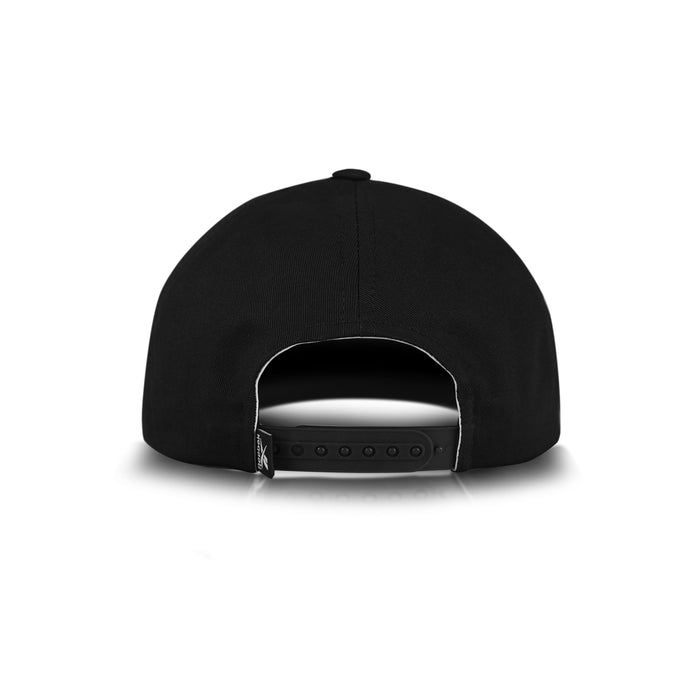 The Reebok Chroma Cap is a black snapback hat made of cotton twill, shown from the back with an adjustable strap and multiple notches for sizing, set against a white background.