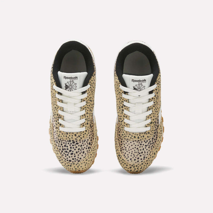 Reebok Classic AZ Shoes - Little Kids, shown from above against a white background, feature black laces and a tan and black spotted animal print—ideal for girls' shoe collections.