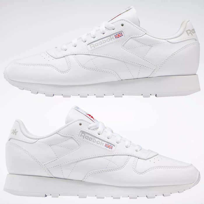 Two Reebok Classic Leather Shoes are shown side by side on a neutral background, featuring a clean, simple design with the Reebok logo—timeless retro sneakers perfect for any wardrobe.