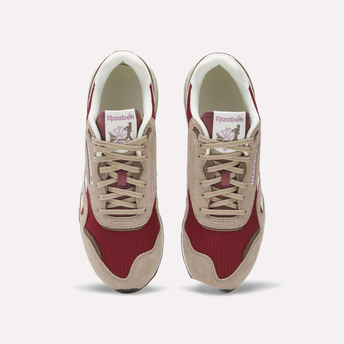A top view of Reebok Classic Nylon 89 Shoes, showing red mesh with beige suede overlays, beige laces, a cushioned midsole, and the Reebok logo with a flower graphic on the tongue.