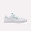 The Reebok Club C 85 Shoes are white leather sneakers with green and red accents, featuring the Reebok logo and Union Jack flag on the side, shown against a plain light background.