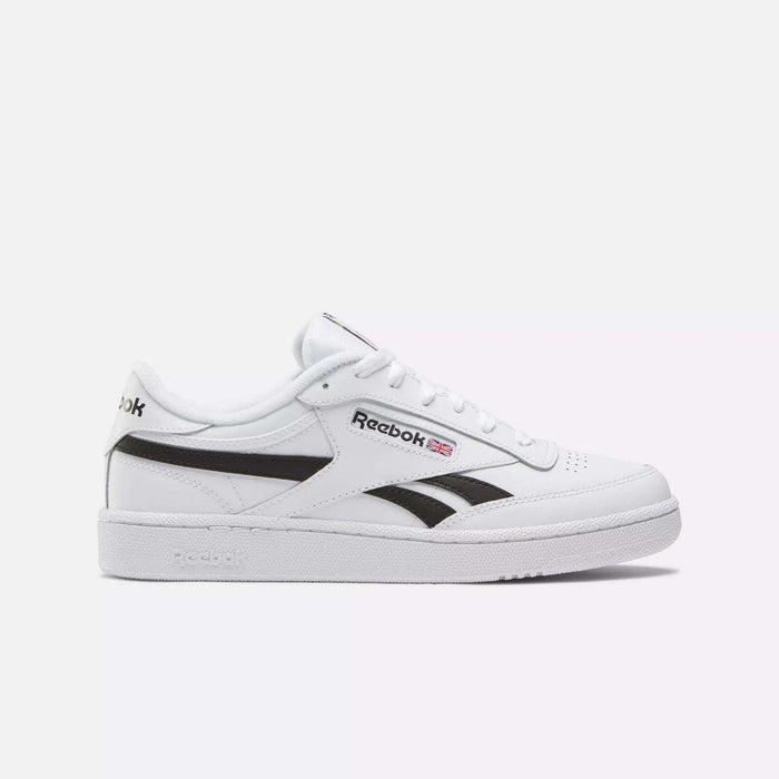 Reebok Club C Revenge Shoes in Ftwr White/Black/Ftwr White feature a black side stripe, white sole, and the Reebok logo with Union Jack—classic casual leather sneakers shown on a plain white background.