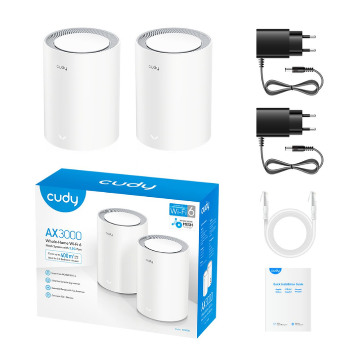 Cudy M3000 V2 Wi-Fi Twin Pack extenders box content view