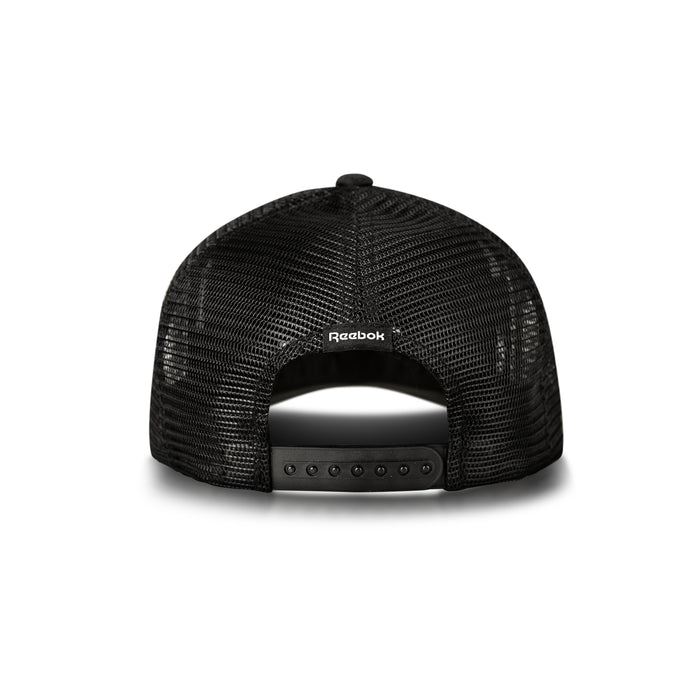 Back view of the Reebok Deluxe Aero Cap, shown on a white background, with black mesh, adjustable snapback closure, moisture-wicking sweatband, and the Reebok logo above the opening.