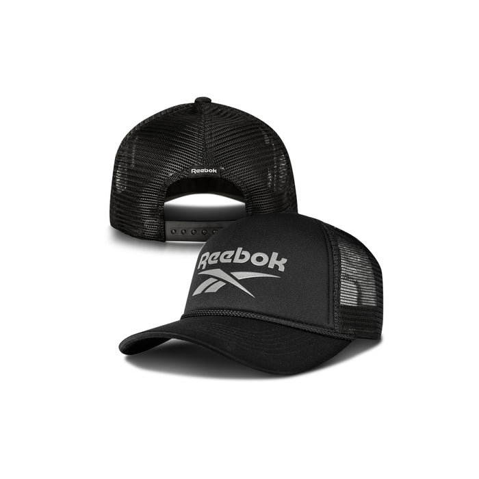 Two black Reebok Deluxe Aero Caps are shown—one displays the white Reebok logo, while the other highlights the adjustable snapback, mesh back design, and a moisture-wicking sweatband for comfort.