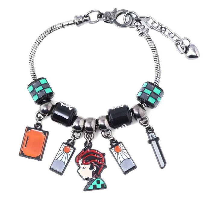 Demon Slayer Kamado Tanjiro Beaded Charm Bracelet, Adjustable Anime Chain