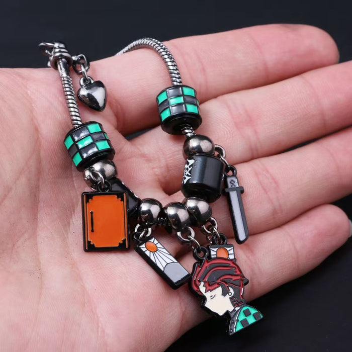 Demon Slayer Kamado Tanjiro Beaded Charm Bracelet, Adjustable Anime Chain