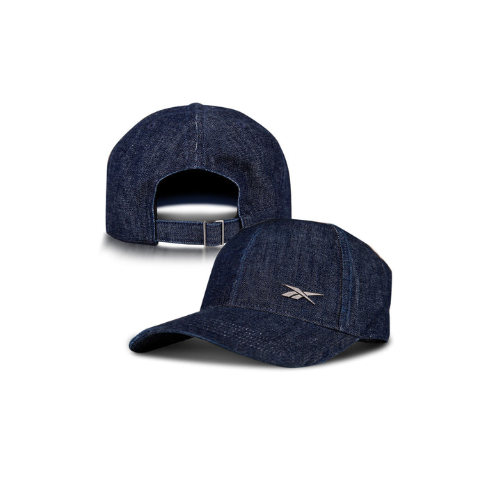 Two Denim Badge Caps by Reebok are shown on a white background: one displays the front with a small white Reebok logo, the other shows the back and adjustable strap. Both include a Speedwick sweatband for comfort.