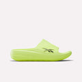 The Reebok DMX Recovery Walking Slides feature a bright yellow-green color, ribbed texture, open toe, black side logo, and moving air cushioning for comfort, shown against a plain white background.