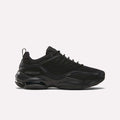 The Reebok DMX Series 3000 Shoes in black have a chunky sole, mesh and synthetic overlays, lace-up closure, and DMX moving air tech for comfort, shown in side view against a plain white background.