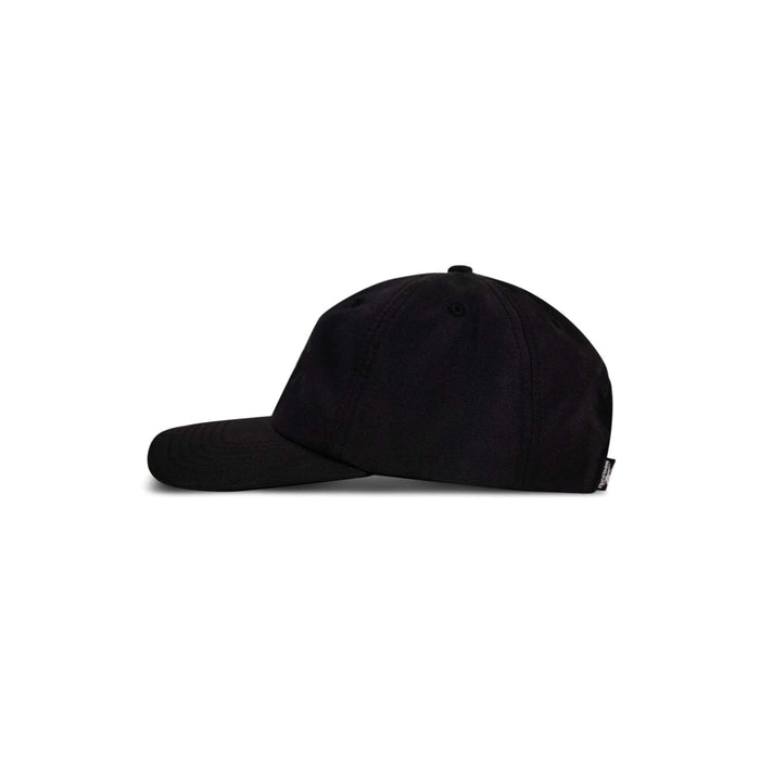 The Reebok Drop R Court Cap is shown from the side against a white background, featuring a plain black design with a curved brim and an adjustable strap at the back.