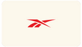 A red abstract checkmark logo, centered on light beige, captures the thrill of finding the perfect present—like a Reebok E-Gift Card.