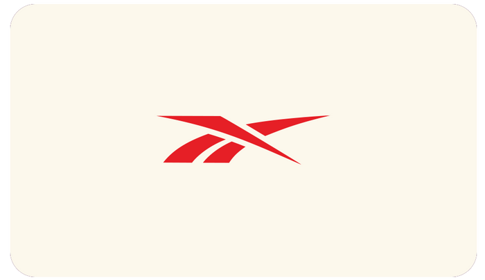 A red abstract checkmark logo, centered on light beige, captures the thrill of finding the perfect present—like a Reebok E-Gift Card.