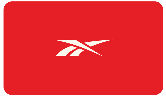 The image features a red rectangle with rounded corners and a white Reebok logo at the center, illustrating the Reebok E-Gift Card—an ideal gift for any shopping enthusiast.