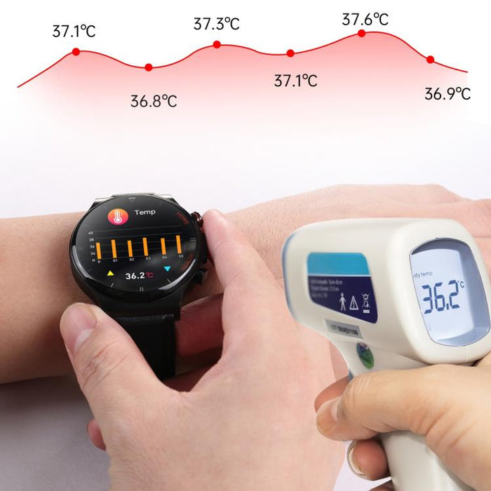 E300 Smart Health Watch – 1.32" Screen, Leather Strap, Body Temperature & ECG