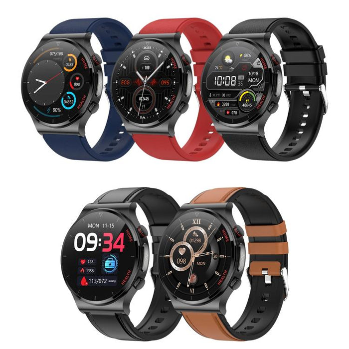E300 Smart Health Watch – 1.32" Screen, Leather Strap, Body Temperature & ECG