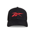 The Elite Cap by Reebok is a black baseball cap featuring a red Reebok logo on the front, displayed from the front view against a white background.