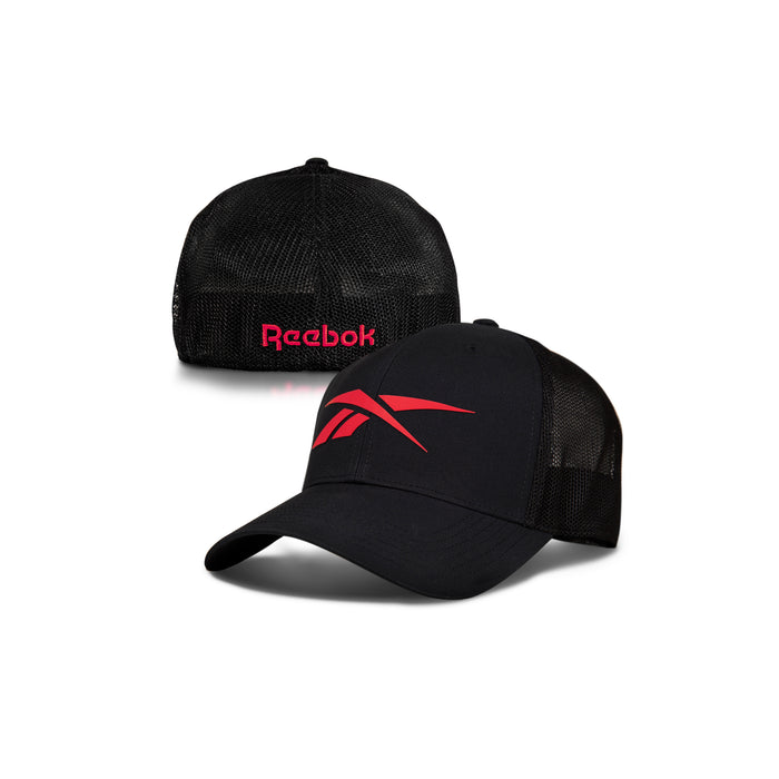 Two black Reebok Elite Caps: one with a red Reebok logo on the front, the other with "Reebok" in red on the back.