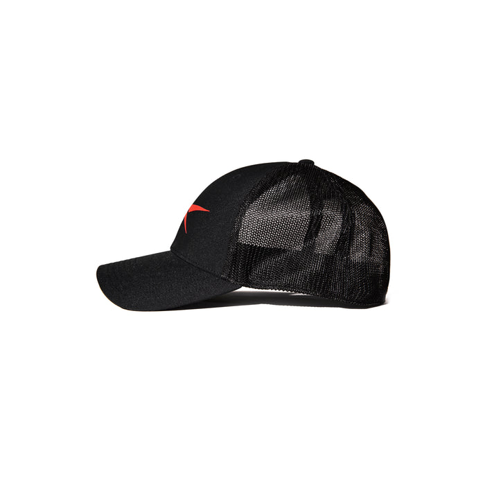 The Reebok Elite Cap is a black trucker hat with a curved brim, mesh back panels, and a small red logo on the front. It’s displayed in side profile against a plain white background.