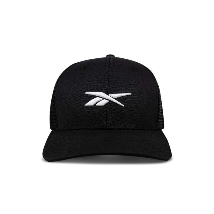 The Reebok Embroidered Vector Trucker Cap is shown from the front against a white background, featuring a black design with a white embroidered Reebok logo on the front.