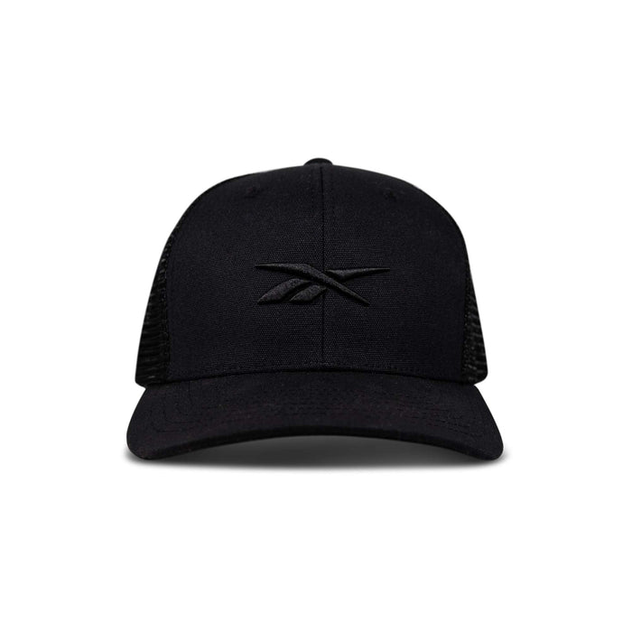 Front view of the Reebok Embroidered Vector Trucker Cap in black, featuring a curved brim, mesh back, and embroidered black Reebok logo on the front panel. Shown against a plain white background.